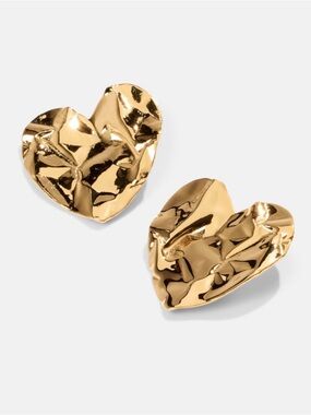 Oscar de la Renta Gold Tone Crushed Heart Earrings - Bold Metallic Statement